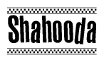 The image is a black and white clipart of the text Shahooda in a bold, italicized font. The text is bordered by a dotted line on the top and bottom, and there are checkered flags positioned at both ends of the text, usually associated with racing or finishing lines.