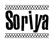The clipart image displays the text Soriya in a bold, stylized font. It is enclosed in a rectangular border with a checkerboard pattern running below and above the text, similar to a finish line in racing. 