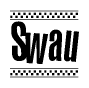 The image is a black and white clipart of the text Swau in a bold, italicized font. The text is bordered by a dotted line on the top and bottom, and there are checkered flags positioned at both ends of the text, usually associated with racing or finishing lines.