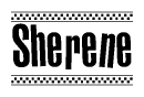 The image contains the text Sherene in a bold, stylized font, with a checkered flag pattern bordering the top and bottom of the text.