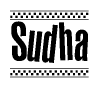 The clipart image displays the text Sudha in a bold, stylized font. It is enclosed in a rectangular border with a checkerboard pattern running below and above the text, similar to a finish line in racing. 