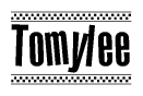 The image contains the text Tomylee in a bold, stylized font, with a checkered flag pattern bordering the top and bottom of the text.