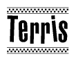 The clipart image displays the text Terris in a bold, stylized font. It is enclosed in a rectangular border with a checkerboard pattern running below and above the text, similar to a finish line in racing. 