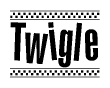 The clipart image displays the text Twigle in a bold, stylized font. It is enclosed in a rectangular border with a checkerboard pattern running below and above the text, similar to a finish line in racing. 