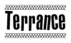 The image contains the text Terrance in a bold, stylized font, with a checkered flag pattern bordering the top and bottom of the text.