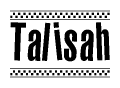 The image contains the text Talisah in a bold, stylized font, with a checkered flag pattern bordering the top and bottom of the text.