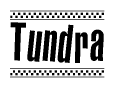 The image is a black and white clipart of the text Tundra in a bold, italicized font. The text is bordered by a dotted line on the top and bottom, and there are checkered flags positioned at both ends of the text, usually associated with racing or finishing lines.