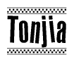 The image contains the text Tonjia in a bold, stylized font, with a checkered flag pattern bordering the top and bottom of the text.