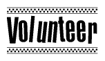 The image contains the text Volunteer in a bold, stylized font, with a checkered flag pattern bordering the top and bottom of the text.