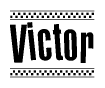 The clipart image displays the text Victor in a bold, stylized font. It is enclosed in a rectangular border with a checkerboard pattern running below and above the text, similar to a finish line in racing. 