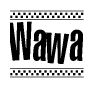The image is a black and white clipart of the text Wawa in a bold, italicized font. The text is bordered by a dotted line on the top and bottom, and there are checkered flags positioned at both ends of the text, usually associated with racing or finishing lines.