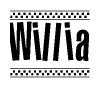 The clipart image displays the text Willia in a bold, stylized font. It is enclosed in a rectangular border with a checkerboard pattern running below and above the text, similar to a finish line in racing. 