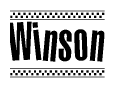 The image is a black and white clipart of the text Winson in a bold, italicized font. The text is bordered by a dotted line on the top and bottom, and there are checkered flags positioned at both ends of the text, usually associated with racing or finishing lines.