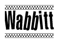 The image is a black and white clipart of the text Wabbitt in a bold, italicized font. The text is bordered by a dotted line on the top and bottom, and there are checkered flags positioned at both ends of the text, usually associated with racing or finishing lines.