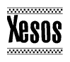 The image is a black and white clipart of the text Xesos in a bold, italicized font. The text is bordered by a dotted line on the top and bottom, and there are checkered flags positioned at both ends of the text, usually associated with racing or finishing lines.