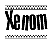The image contains the text Xenom in a bold, stylized font, with a checkered flag pattern bordering the top and bottom of the text.