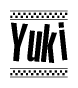 The image contains the text Yuki in a bold, stylized font, with a checkered flag pattern bordering the top and bottom of the text.