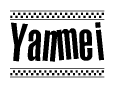 The image is a black and white clipart of the text Yanmei in a bold, italicized font. The text is bordered by a dotted line on the top and bottom, and there are checkered flags positioned at both ends of the text, usually associated with racing or finishing lines.