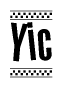 The image is a black and white clipart of the text Yic in a bold, italicized font. The text is bordered by a dotted line on the top and bottom, and there are checkered flags positioned at both ends of the text, usually associated with racing or finishing lines.