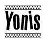 The image is a black and white clipart of the text Yonis in a bold, italicized font. The text is bordered by a dotted line on the top and bottom, and there are checkered flags positioned at both ends of the text, usually associated with racing or finishing lines.