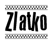 The image is a black and white clipart of the text Zlatko in a bold, italicized font. The text is bordered by a dotted line on the top and bottom, and there are checkered flags positioned at both ends of the text, usually associated with racing or finishing lines.