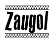 The image contains the text Zaugol in a bold, stylized font, with a checkered flag pattern bordering the top and bottom of the text.