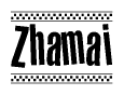 The image contains the text Zhamai in a bold, stylized font, with a checkered flag pattern bordering the top and bottom of the text.