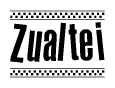 The image is a black and white clipart of the text Zualtei in a bold, italicized font. The text is bordered by a dotted line on the top and bottom, and there are checkered flags positioned at both ends of the text, usually associated with racing or finishing lines.