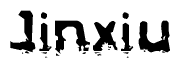 This nametag says Jinxiu, and has a static looking effect at the bottom of the words. The words are in a stylized font.