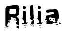This nametag says Rilia, and has a static looking effect at the bottom of the words. The words are in a stylized font.
