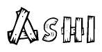 The image contains the name Ashi written in a decorative, stylized font with a hand-drawn appearance. The lines are made up of what appears to be planks of wood, which are nailed together