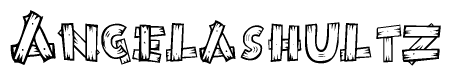 The image contains the name Angelashultz written in a decorative, stylized font with a hand-drawn appearance. The lines are made up of what appears to be planks of wood, which are nailed together
