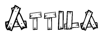 The image contains the name Attila written in a decorative, stylized font with a hand-drawn appearance. The lines are made up of what appears to be planks of wood, which are nailed together
