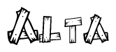 The image contains the name Alta written in a decorative, stylized font with a hand-drawn appearance. The lines are made up of what appears to be planks of wood, which are nailed together