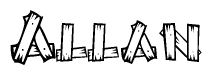 The clipart image shows the name Allan stylized to look as if it has been constructed out of wooden planks or logs. Each letter is designed to resemble pieces of wood.