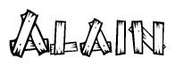 The clipart image shows the name Alain stylized to look as if it has been constructed out of wooden planks or logs. Each letter is designed to resemble pieces of wood.