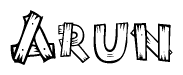 The clipart image shows the name Arun stylized to look as if it has been constructed out of wooden planks or logs. Each letter is designed to resemble pieces of wood.