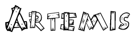 The image contains the name Artemis written in a decorative, stylized font with a hand-drawn appearance. The lines are made up of what appears to be planks of wood, which are nailed together