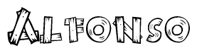 The image contains the name Alfonso written in a decorative, stylized font with a hand-drawn appearance. The lines are made up of what appears to be planks of wood, which are nailed together