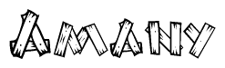 The image contains the name Amany written in a decorative, stylized font with a hand-drawn appearance. The lines are made up of what appears to be planks of wood, which are nailed together
