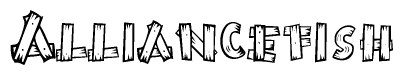The image contains the name Alliancefish written in a decorative, stylized font with a hand-drawn appearance. The lines are made up of what appears to be planks of wood, which are nailed together