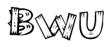 The clipart image shows the name Bwu stylized to look as if it has been constructed out of wooden planks or logs. Each letter is designed to resemble pieces of wood.