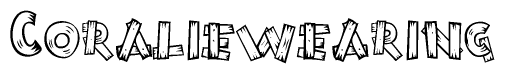 The image contains the name Coraliewearing written in a decorative, stylized font with a hand-drawn appearance. The lines are made up of what appears to be planks of wood, which are nailed together