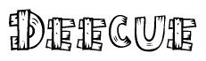 The image contains the name Deecue written in a decorative, stylized font with a hand-drawn appearance. The lines are made up of what appears to be planks of wood, which are nailed together