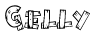 The image contains the name Gelly written in a decorative, stylized font with a hand-drawn appearance. The lines are made up of what appears to be planks of wood, which are nailed together