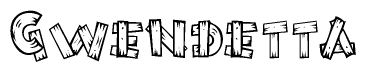 The image contains the name Gwendetta written in a decorative, stylized font with a hand-drawn appearance. The lines are made up of what appears to be planks of wood, which are nailed together