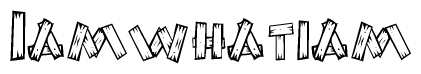 The image contains the name Iamwhatiam written in a decorative, stylized font with a hand-drawn appearance. The lines are made up of what appears to be planks of wood, which are nailed together