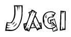 The image contains the name Jagi written in a decorative, stylized font with a hand-drawn appearance. The lines are made up of what appears to be planks of wood, which are nailed together