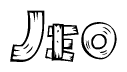 The image contains the name Jeo written in a decorative, stylized font with a hand-drawn appearance. The lines are made up of what appears to be planks of wood, which are nailed together