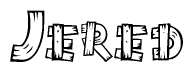 The clipart image shows the name Jered stylized to look as if it has been constructed out of wooden planks or logs. Each letter is designed to resemble pieces of wood.